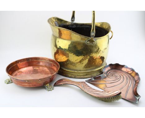 An Art Nouveau crumb tray and brush, shell pattern, with a copper and brass feet shallow planter, 26cm diameter, with a brass