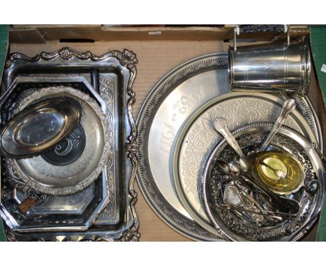 A group of silver plate including a collection of sugar nips, butter dish with glass liner and trays and baskets.