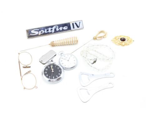 A collection of vintage items to include smiths &amp; sekonda pocket watches, hat pins, rolled gold coloured spectacles, cost