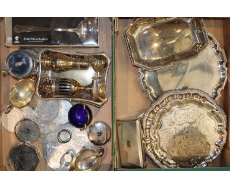 A collection of silver plated items to include salvers, cigarette box, Arthur Price Soup Ladle, bon-bon dish with Bristol blu