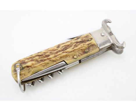WHITBY bone handled multi tool pocket knife with twin blade, various tools and shotgun cartridge removal tool for 12 and 16 b
