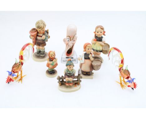 Goebel figures to include Meditation, Little Scholar, Sister and two others, with a 'Sweet Adeline' bust and two Italian glas