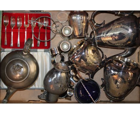 A collection of silver plated items to include tea set, cased cake forks, bon-bon dish with Bristol blue glass liner, candles