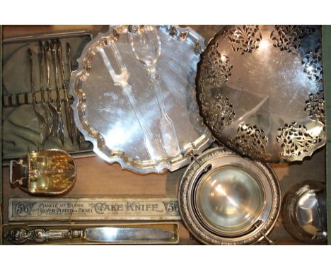 A collection of silver plated items to include butter dish, pedestal bowl, salt pig, silver plated salver, boxed silver-plate