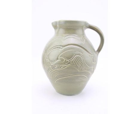 Susie Cooper Studio incised jug 'Rams', circa 1932, E325, 22cm tall.  In good condition with no obvious damage or restoration