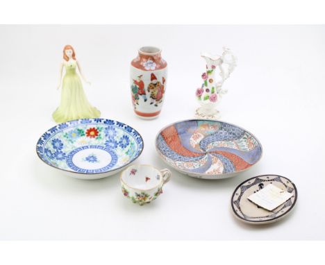 Early Ceramics to include a Meissen cup with moulded flowers, blue crossed swords,  a Japanese vase, 16cm tall and similar it