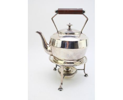 Silver plated Art Deco spirit kettle on stand, turned handle, 26cm tall.