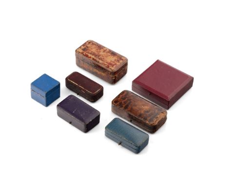 A collection of antique and vintage jewellery boxes to include push button examples of bar brooch boxes, bracelet box, watch 