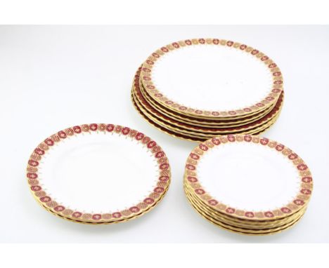 Royal Crown Derby tea ware in the Heraldic pattern to include six 16cm side plates, two 18cm plates four 21cm plates and four
