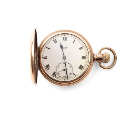 A Limit gold plated Dennison cased, full Hunter pocket watch, Roman numeral hour markers, case width 50mm.  Winds, runs and t