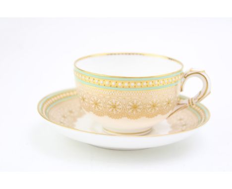 Royal Worcester cup and saucer in the 'Green Lace' pattern (W8652), height 5.5cm.  Of first quality with no obvious signs of 
