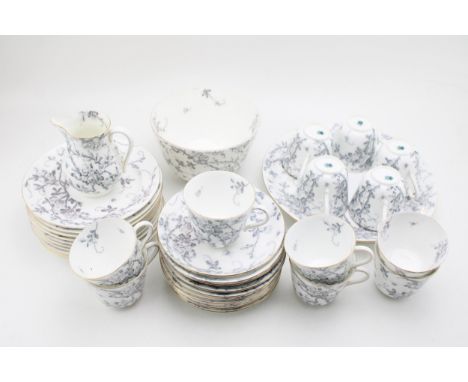 Coalport teaset in grey and white pattern featuring wild roses and ladybirds, to include, two 25cm cake / sandwich plates, tw