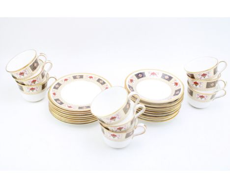 Royal Crown Derby trios in the Derby Border pattern to include 9 cups, 9 saucers and 9 side plates (27).  In good condition w
