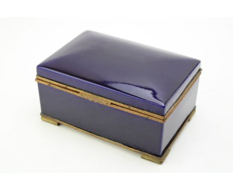 Antique blue enamelled ceramic box with gilt metal base and fixtures, likely continental, 17cm x 12cm x 9cm.  In good antique