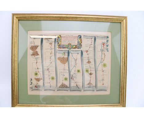 17th century John Ogilby printed ribbon map of the road from Oxford to Salisbury continued to poole in dorset verso, 22cm x 2