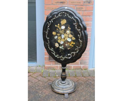 Victorian papier mache tilt top side table, ebonised finish with hand painted and mother of pearl inlay decoration on turned 