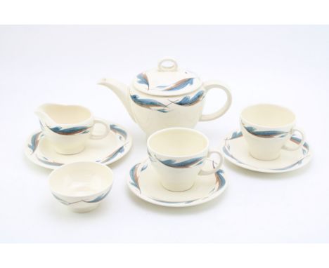 Susie Cooper handpainted tea for two, leaf design, to include a teapot, two duos, a side plate, a milk jug and a sugar bowl (
