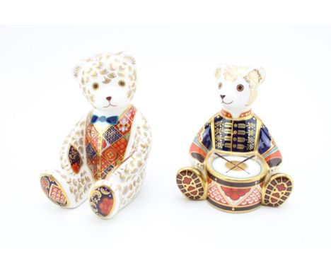Royal Crown Derby paperweight, Drummer Teddy, 11cm high, designed by John Ablitt, gold stopper and red Royal Crown Derby stam