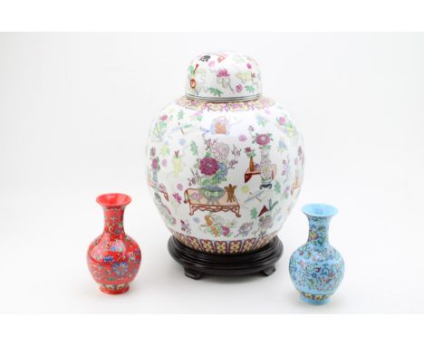 Large Chinese lidded ginger jar, enamelled decoration, on wooden oriental stand, with two smaller modern Chinese vases (3), t