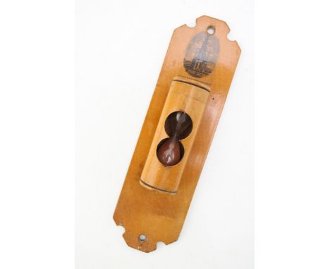 Mauchline ware egg timer, wall mounted, Sir Walter Scott's Monument, Edinburgh, 20cm tall.