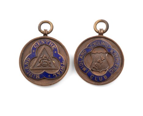 Two fobs relating to 'Midland Cycling &amp; Athetic Club' 1921 (silver) and 1924 (bronze), J Lidstone, together with a Midlan