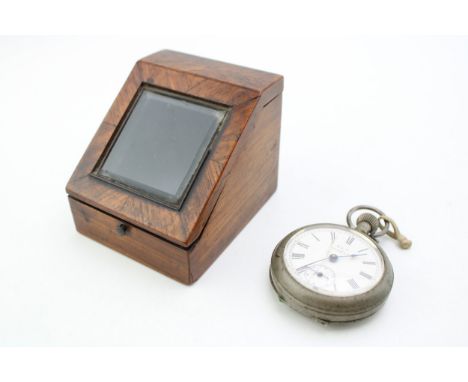 19th century miniature pocket watch cabinet with bevelled glass, together with faux pocket watch vesta case, 7cm wide, 7cm ta