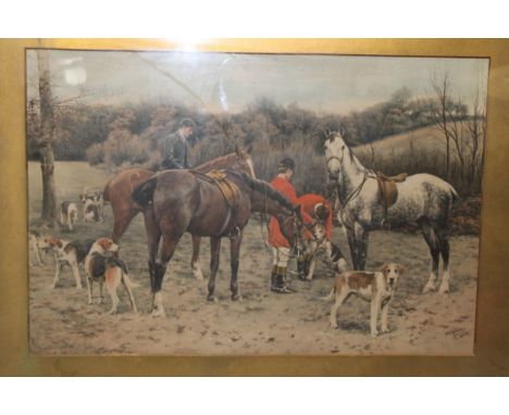 T.M Hollams, 1898, print of hunting scene depicting horse and hounds, in period gilt frame 46cm x 67cm. / 74cm x 98cm includi