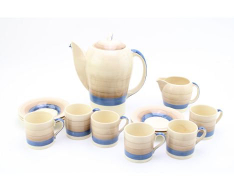 Susie Cooper Production Kestrel shape coffee service, Blue Washband, to include the coffee pot, 6 cans and 6 saucers with a m