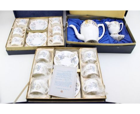 Boxed Coalport China sets to include a Camelot coffee pot, milk and sugar with Camelot coffee cans and saucers, with My Fair 