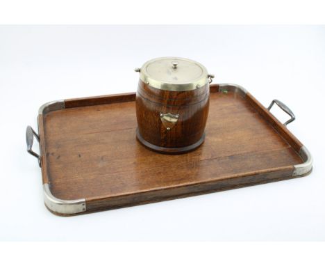 An oak drinks tray together with an oak ice bucket with ceramic liner, height 17cm, tray 54cm x 35.5cm. (2)