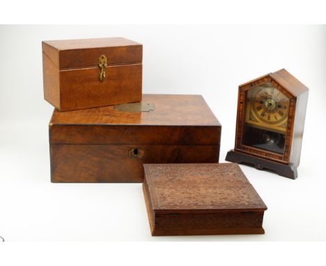 A large c19th Victorian mahogany writing box with two other wood boxes and an American style mantle clock  good condition wit