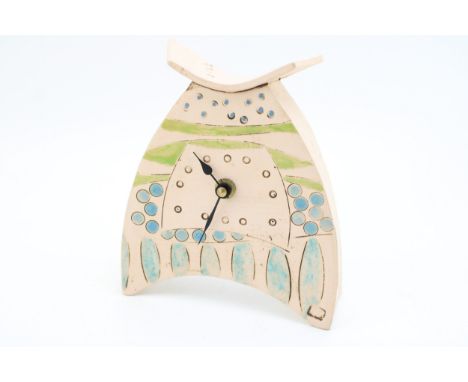 Iveta Goddard studio pottery mantle clock, abstract form, working order, 16cm tall.  In good condition with no obvious damage