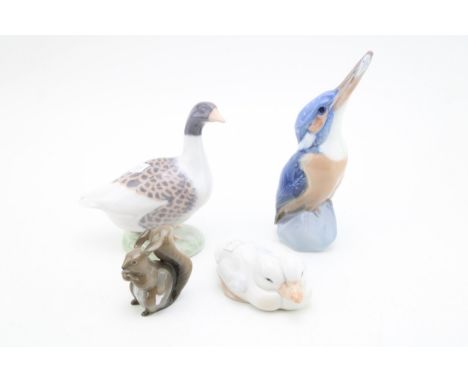 A collection of Royal Copenhagen animals to include a kingfisher 126, a goose 1088, a squirrel 982 and a pair of ducklings 06