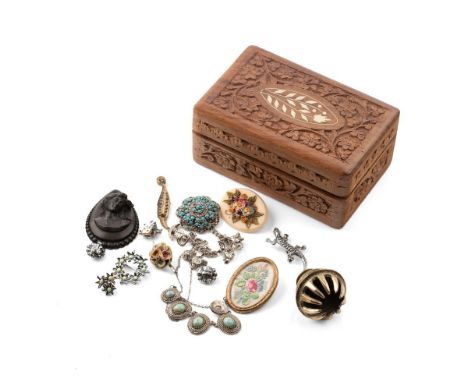 A group of vintage and later costume jewellery including a silver plated curb link charm bracelet with charms, lizard brooch 