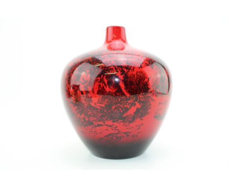 Royal Doulton Flambe Woodcut vase 1616 with hunting scenes, 22cm tall.  In good condition with no obvious damage or restorati