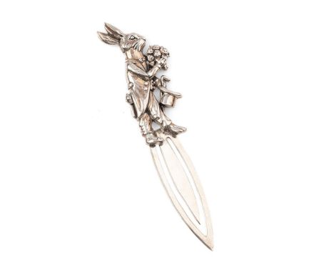 Contemporary sterling silver bookmark with a groom rabbit finial, 8cm tall.