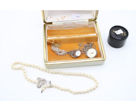 A group of silver and costume jewellery including a silver, mother of pearl and onyx swivel fob, with silver chain, a spheric