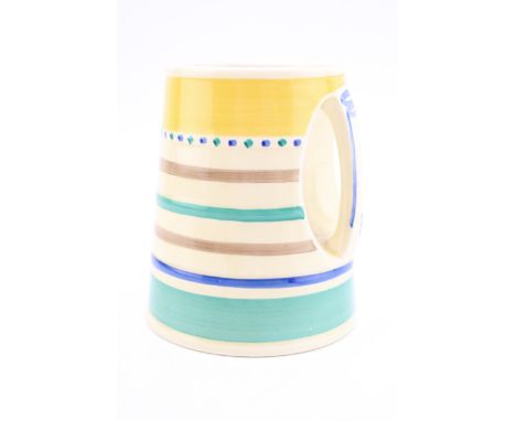 A 1930s Crown Burslem Susie Cooper tankard, after a Wood design of truncated conical form with flush handle, moulded with hor