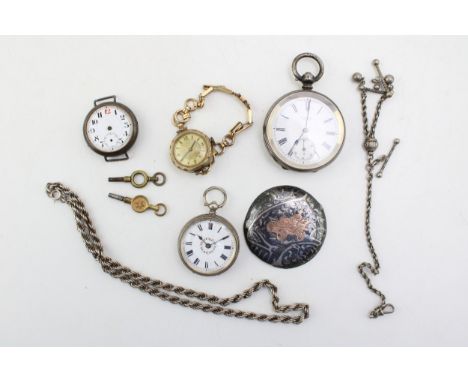 Silver Albertina chain with silver fob watch and key together with L.A. Fidele silver Swiss pocket watch, subsidiary second h