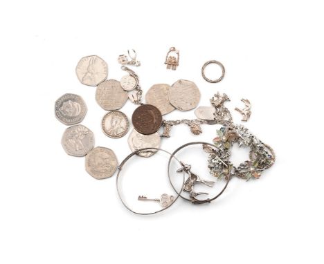 A collection of silver jewellery to include a charm bracelet, two child's bangle, a Half Rupee coin and others, circa 35g, wi