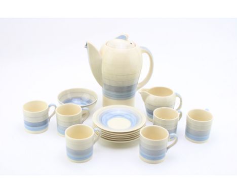 Susie Cooper complete coffee pot in the Blue Washband pattern, to include a coffee pot, 6 cans, 6 saucers, a milk and sugar, 