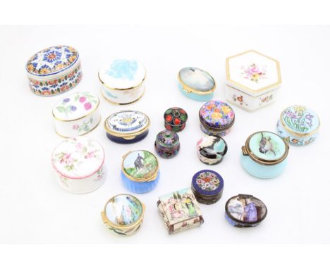 An interesting collection of enamel and pottery pill / trinket boxes to include makes such as Staffordshire Enamels, Orchard 
