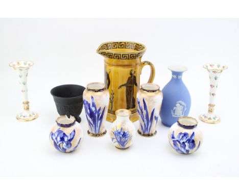 A collection of early ceramic items to include Wedgwood Jasperware in Wedgwood Blue and Black Basalt, Minton bud vases a/f, R