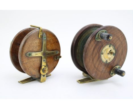 Antique spinner fishing reel by SUN patent no.13388/85, wooden reel with brass fittings,  together with another similar examp