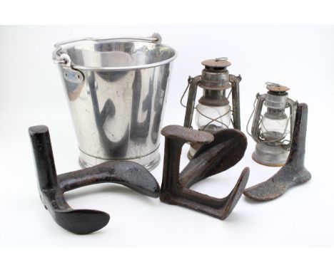 A collection of vintage household items to include storm lanterns, kitchenalia, boot lasts and other similar items. (Qty)