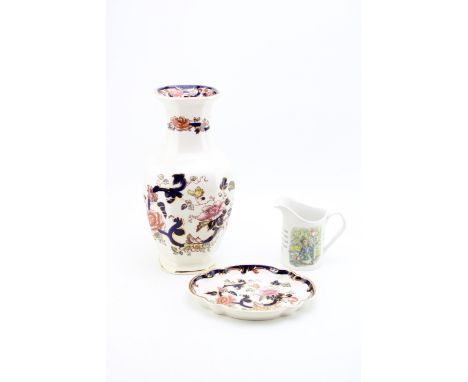 Masons large Blue Mandalay vase, 31cm tall, with a shaped dish and a Wedgwood Peter Rabbit jug (3).  In good condition with n