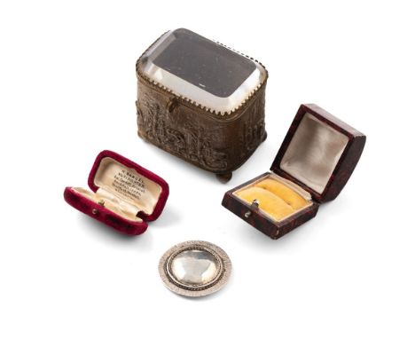 Antique jewellery box with bevelled glass, a red velvet push button bar brooch box, a vintage push button ring box and a hand