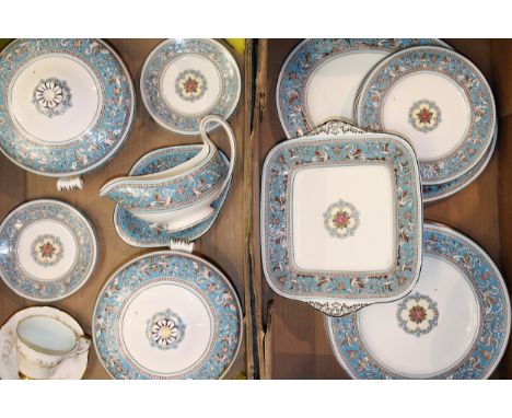 Wedgwood Turquoise Florentine dinnerware to include two lidded tureens, a gravy boat and saucer,  six dinner plates, six 21cm