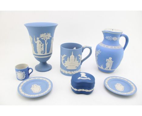 Wedgwood Jasperware to include a tankard, a large vase, pin trays and others with an Adams small coffee can and an unmarked j