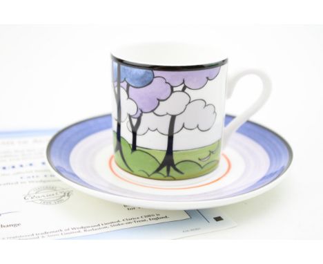Wedgwood/Clarice Cliff limited edition coffee can and saucer from the Cafe Chic Collection, this being in the Blue Firs patte